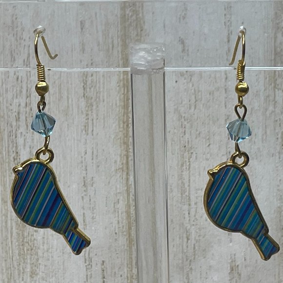 HANDMADE ARTISAN Blue Bird Striped Enamel Gold Tone Metal Earrings Dangle Hooks - Picture 1 of 6
